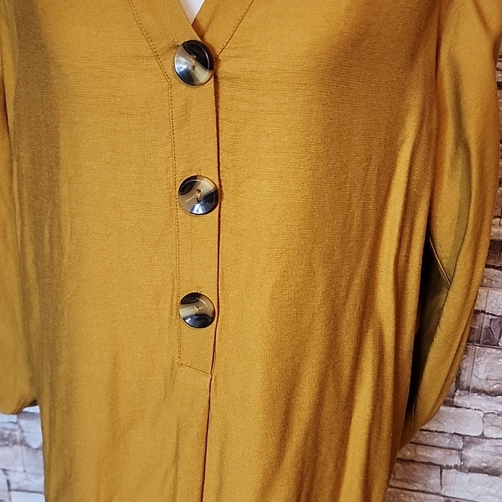 Zara Mustard Yellow  Tunic Dress with V-Neck, Buttons & Ruched Sleeves - Picture 2 of 10